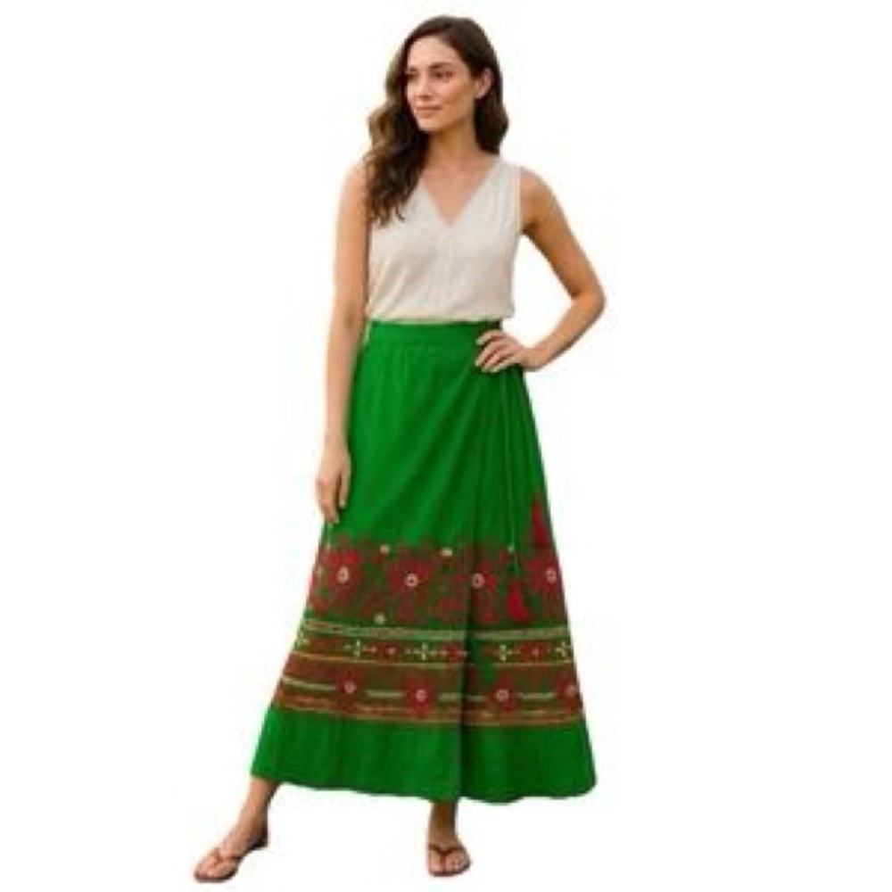 Soft Surroundings Green Floral Embroidered Maxi Skirt Small Petite